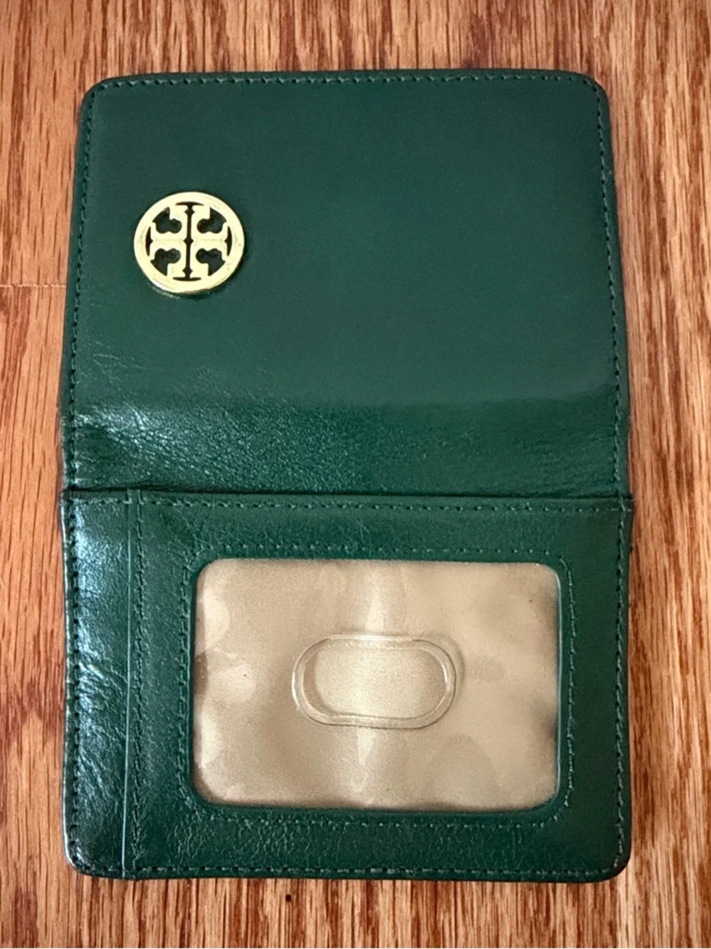 Tory Burch Forest Green Leather Card Case with Gold Emblem